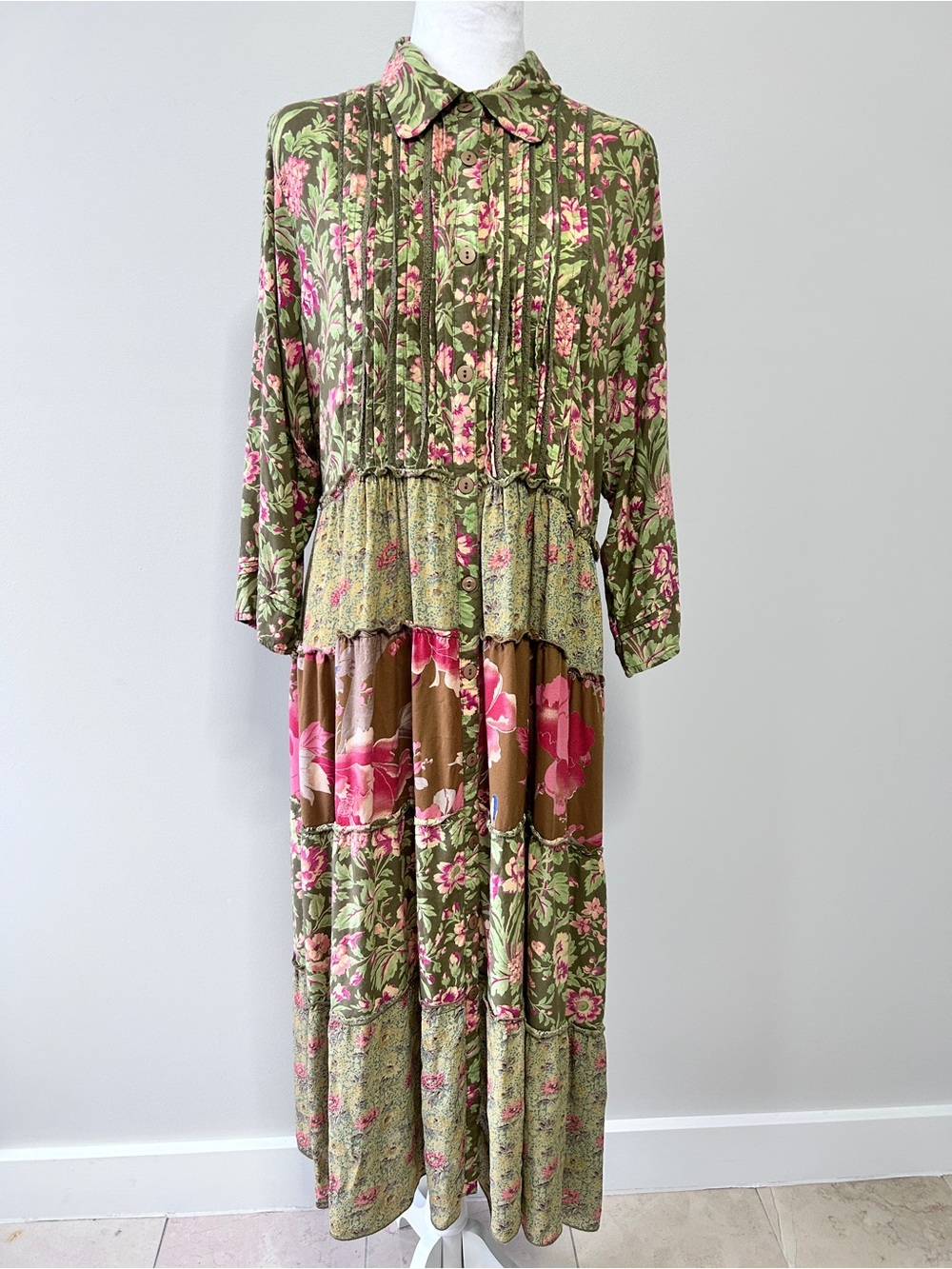 April Cornell Women’s XL Olive Pink Floral Tiered Patchwork Pintuck Maxi Dress